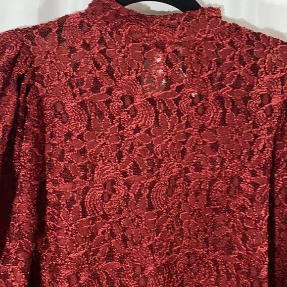 FREE PEOPLE MOCK NECK SHEER LACE BLOUSE WINE - Picture 4 of 8